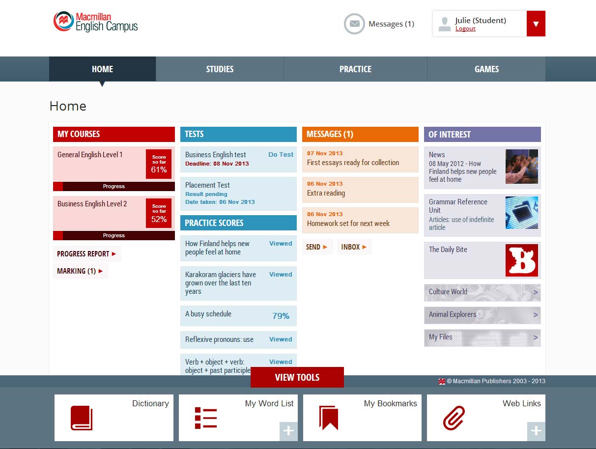 English Campus user home page dashboard.