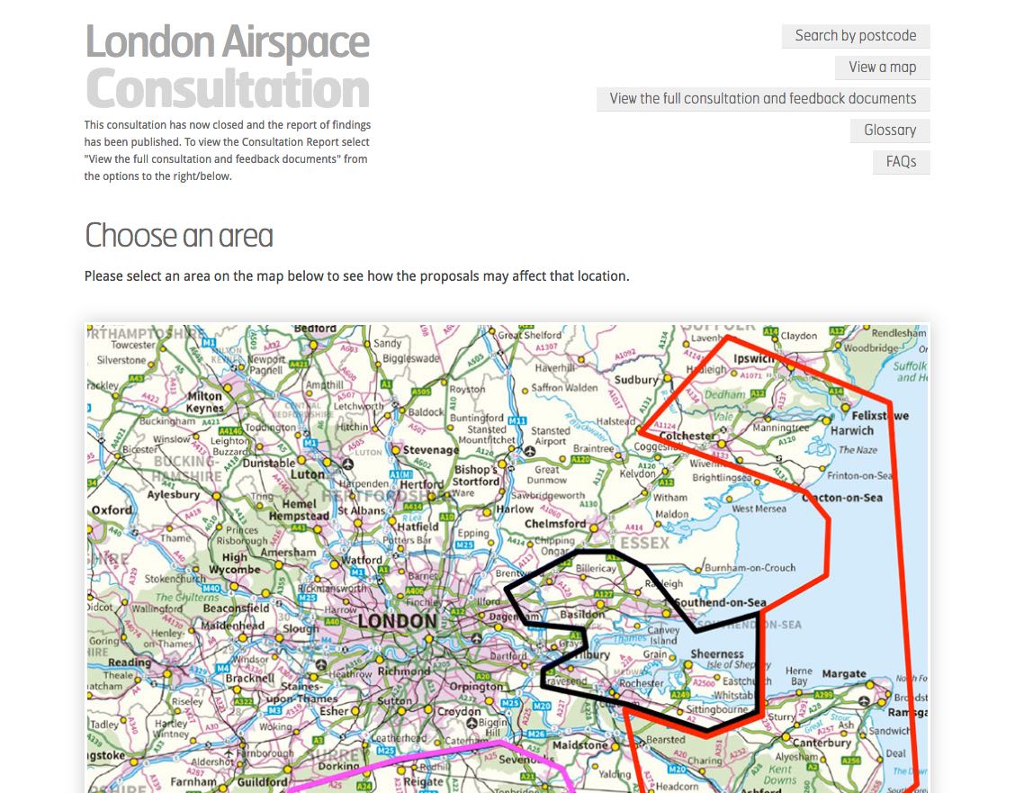 Screenshot showing map of south east England divided into clickable swathes.