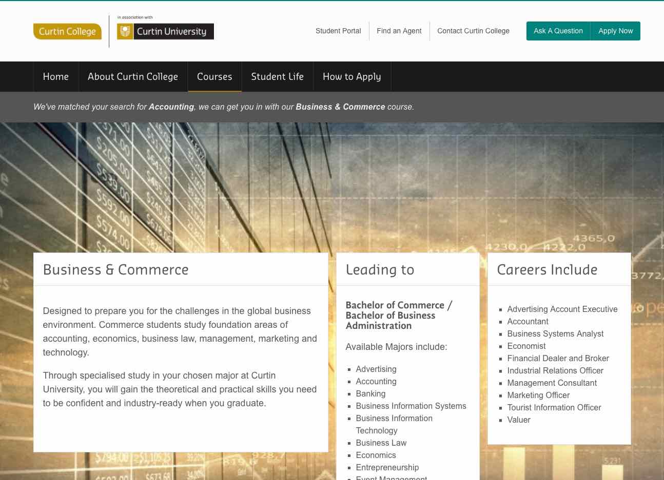 Curtin Business and Commerce page