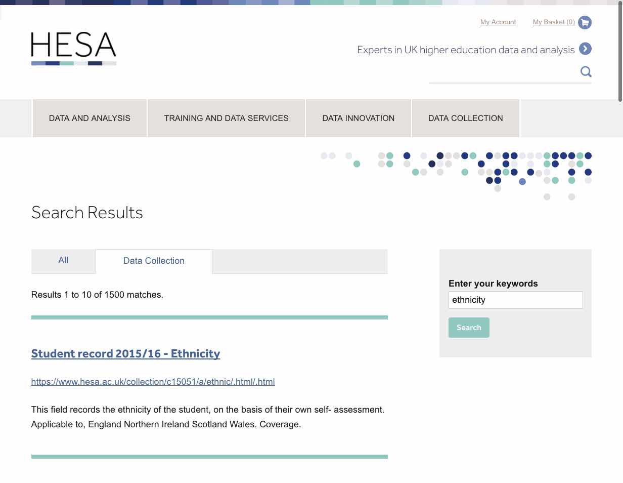 HESA search screenshot