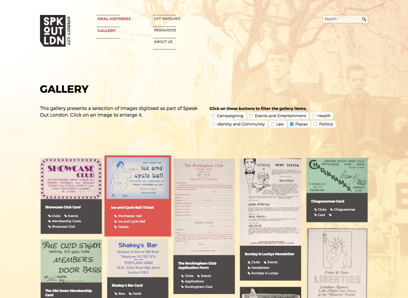 Screenshot of gallery listing page