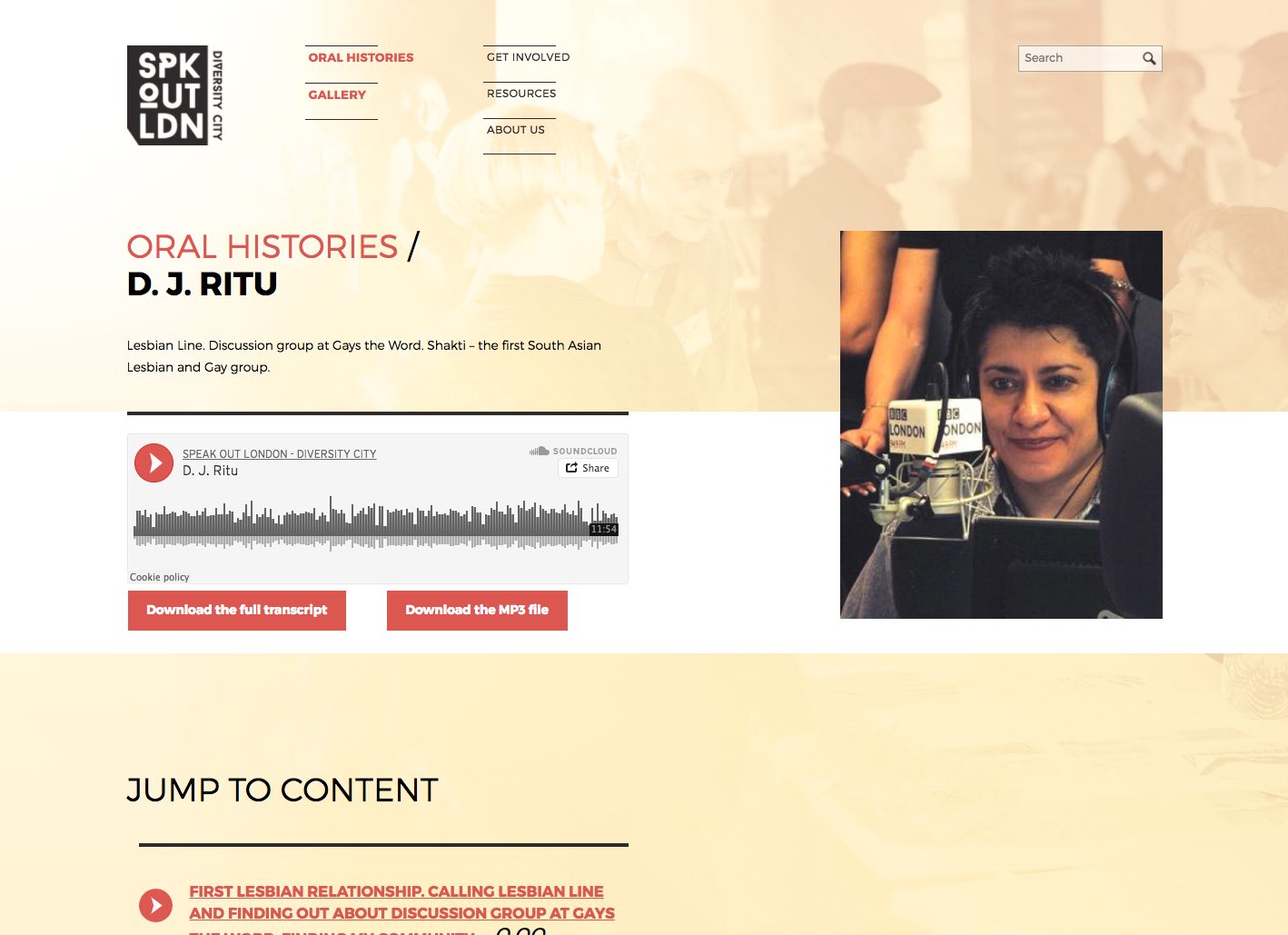 Screenshot of oral history page