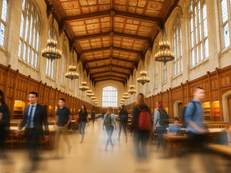 Michigan Law school library with students busily moving around
