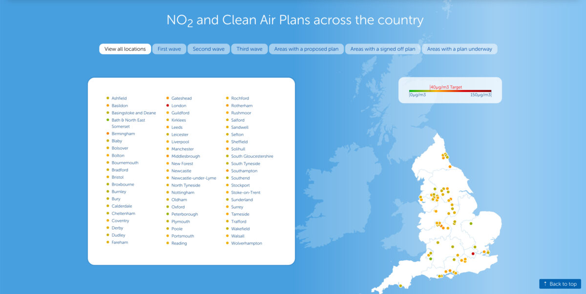 Map showing NO2 levels in towns and cities in England