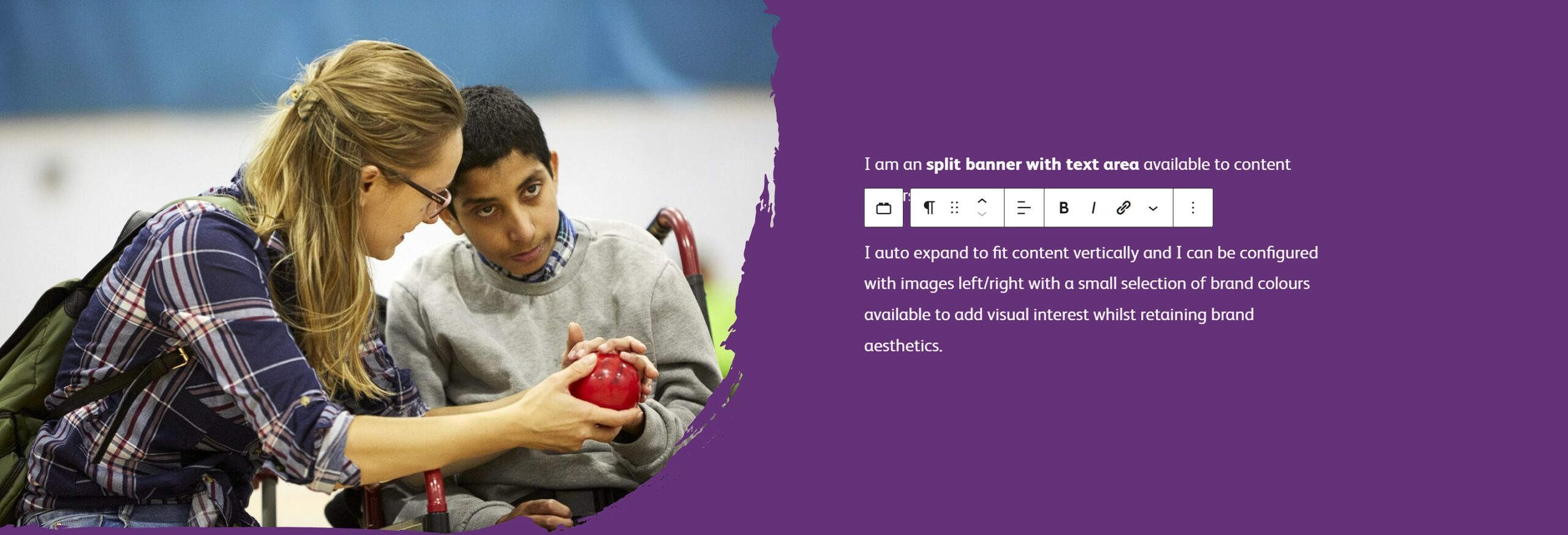 Screenshot of a custom editor block on Sense's website. It shows an image of two people with a red ball. One person is in a wheelchair. There is some accompanying text on a purple background.