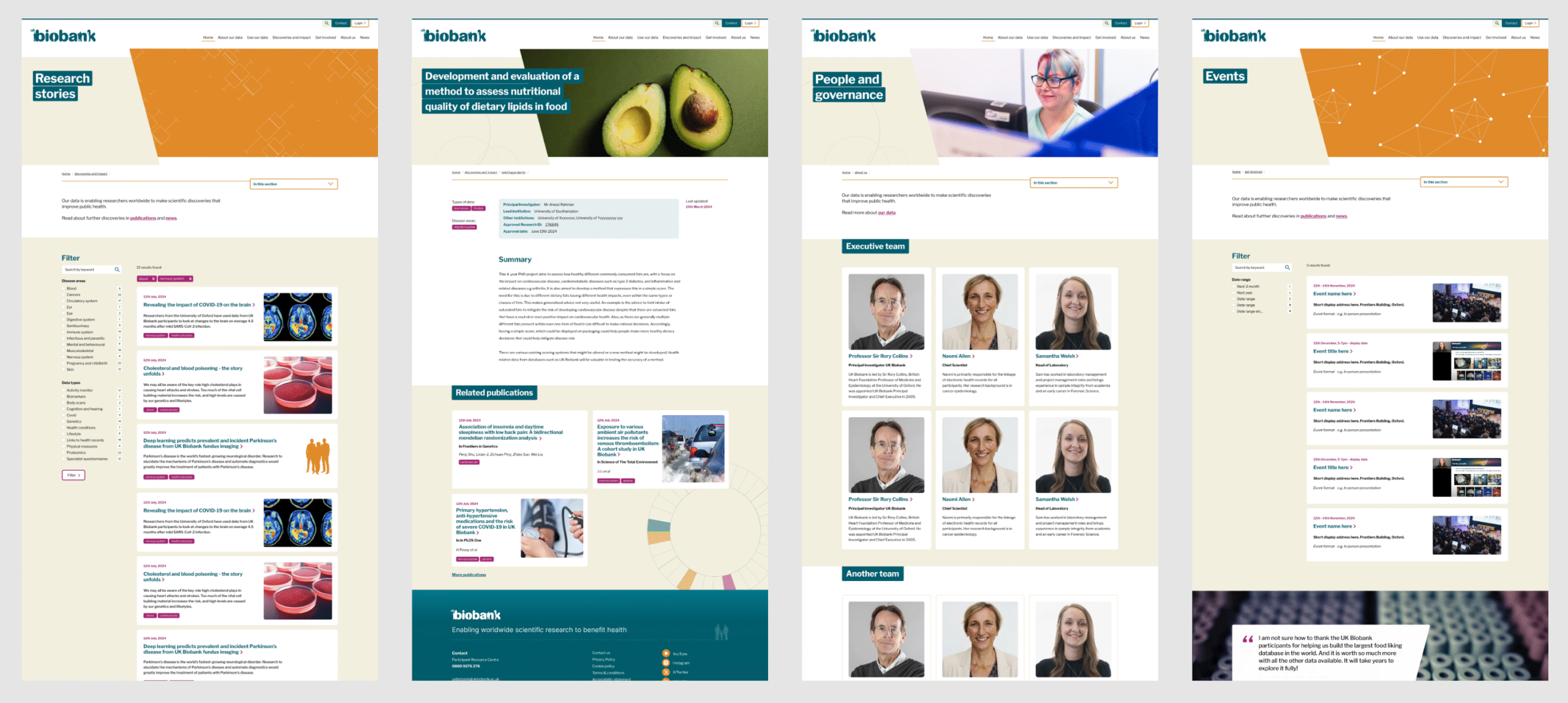 Screenshot showing four different pages from the UK Biobank website