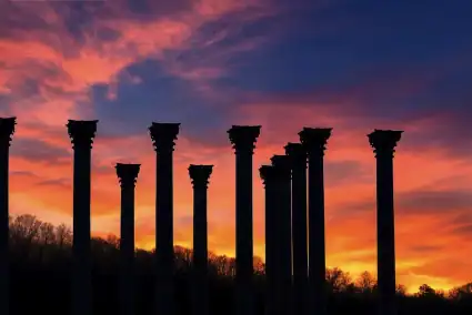 Ancient Roman columns silhouetted against a vibrant sunset sky, symbolising history and resilience.